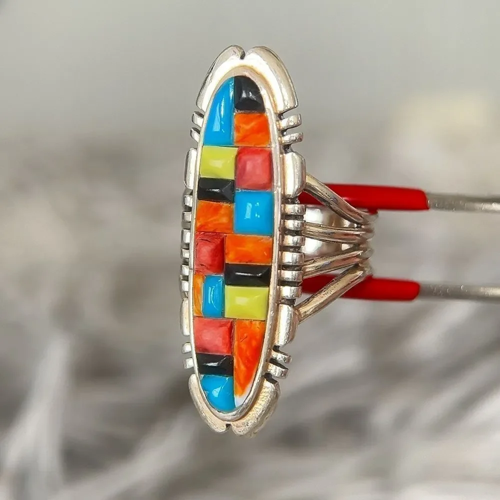 Sterling Multicolor Mosaic Stones Ring‎